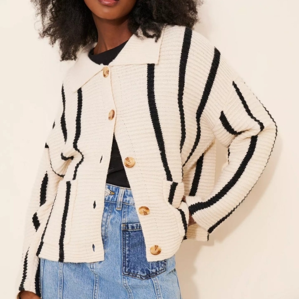 Anthropologie x Little Lies Maddie Stripe Wool Blend Cardigan In Ivory - M/L